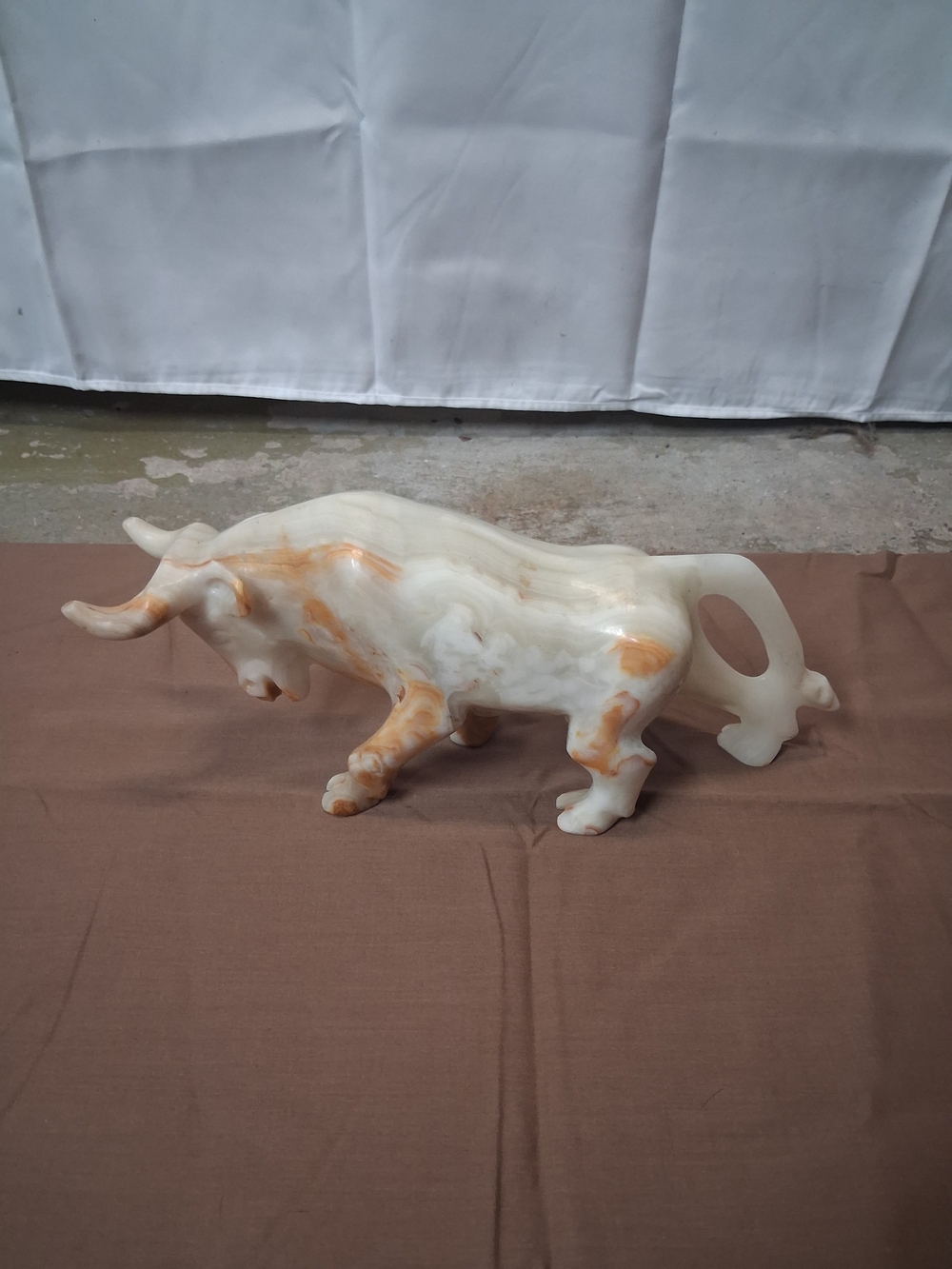 Carved Marble Bull Figurine in White and Honey Tones